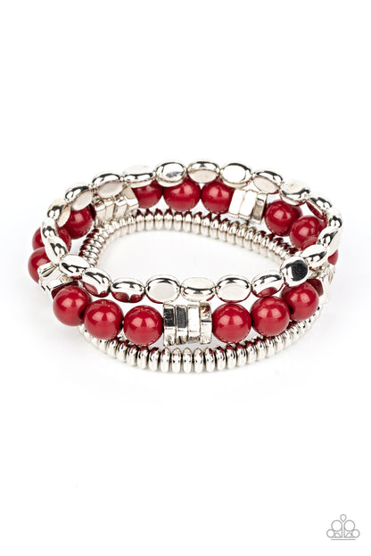 Paparazzi Accessories-Tour de Tourist Red Acrylic Silver Bead Bracelet