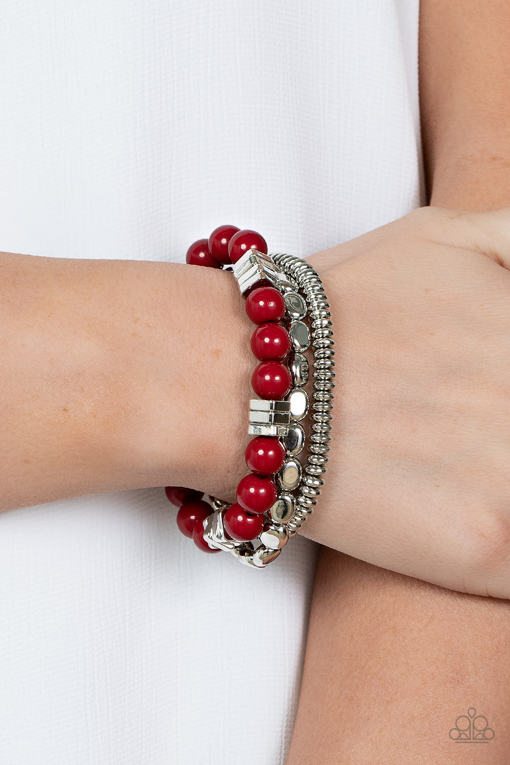 Paparazzi Accessories-Tour de Tourist Red Acrylic Silver Bead Bracelet