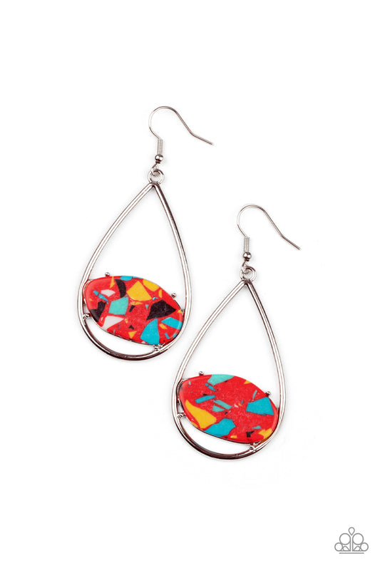 Paparazzi Accessories-Tropical Terrazzo Red Oval Stone Teardrop Earrings