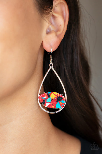 Paparazzi Accessories-Tropical Terrazzo Red Oval Stone Teardrop Earrings