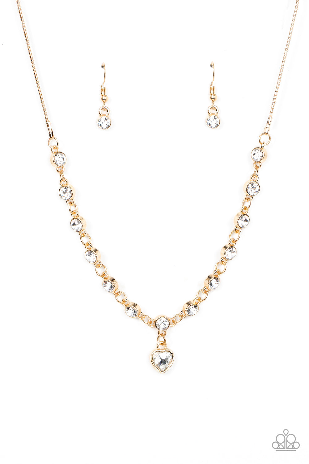 Paparazzi Accessories-True Love Trinket Gold/White Rhinestone Heart Necklace Set