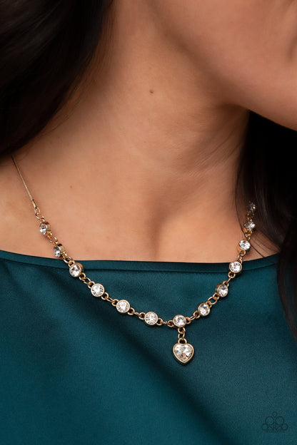 Paparazzi Accessories-True Love Trinket Gold/White Rhinestone Heart Necklace Set