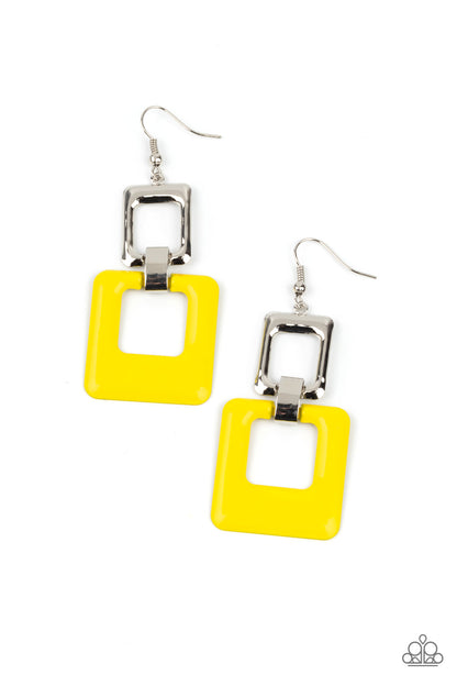 Paparazzi Accessories-Twice As Nice Yellow Bold Square Earrings