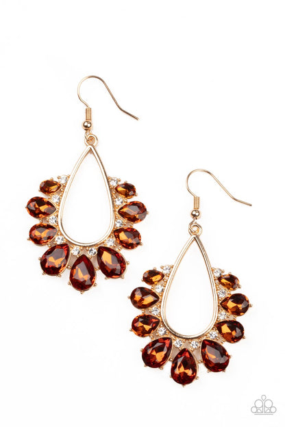 Paparazzi Accessories-Two Can Play That Game Brown Glittery Teardrop Rhinestone Earrings