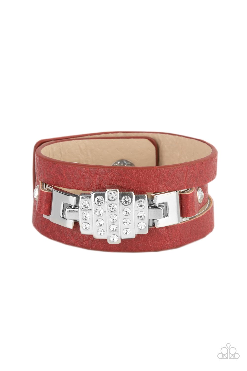 Paparazzi Accessories-Ultra Urban Red Leather White Rhinestone Studded Bracelet