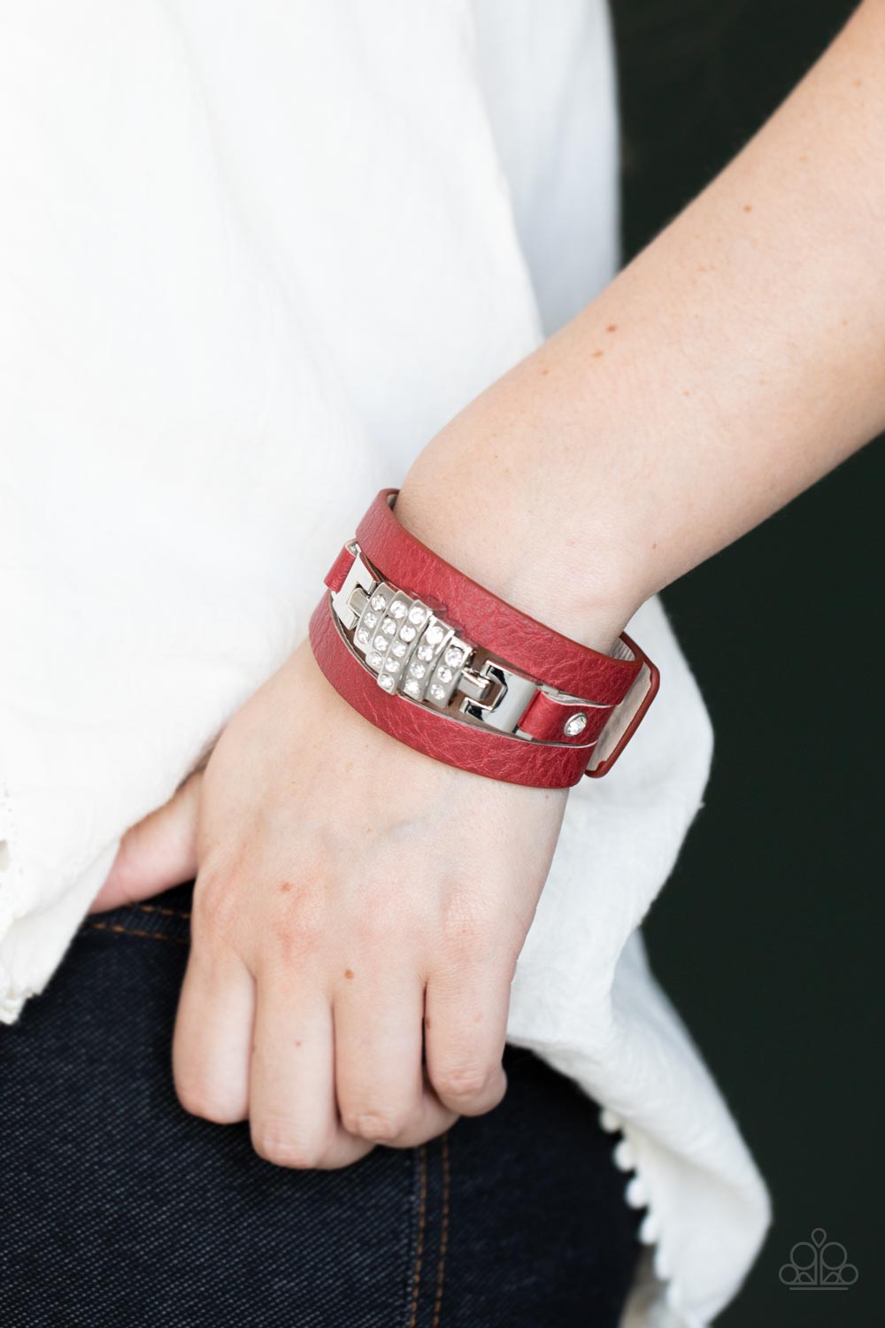 Paparazzi Accessories-Ultra Urban Red Leather White Rhinestone Studded Bracelet