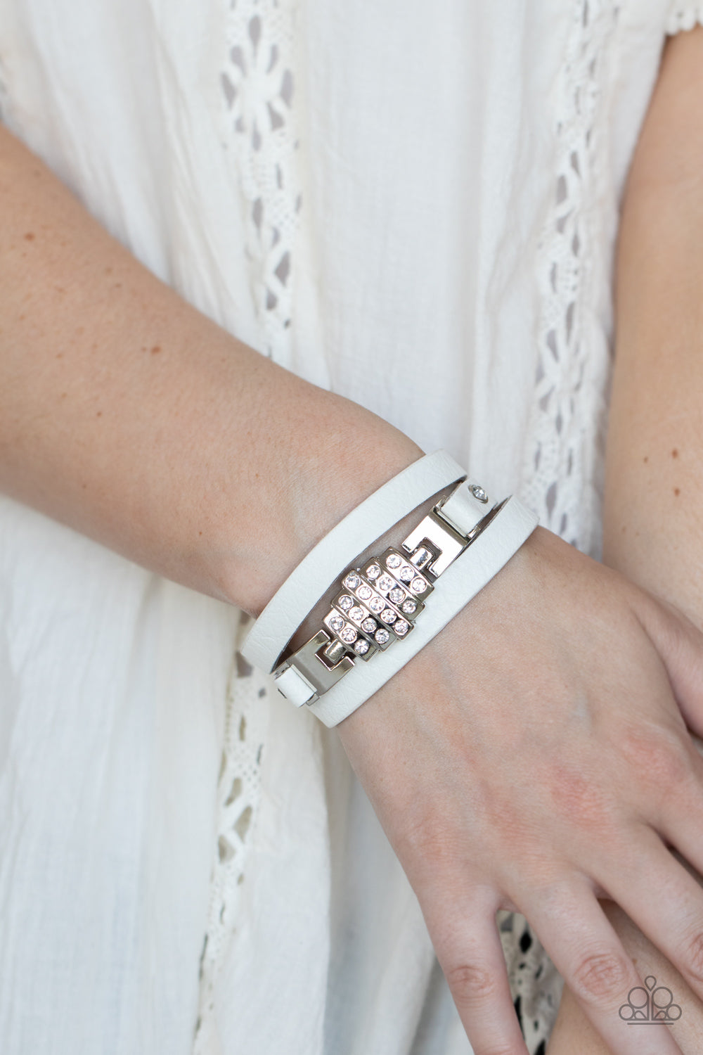 Paparazzi Accessories-Ultra Urban White Rhinestone Silver Studded Bracelet