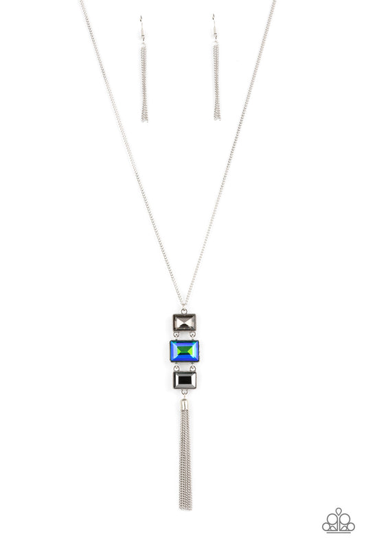 Paparazzi Accessories-Uptown Totem Blue Smoky Rectangular Gem Necklace Set