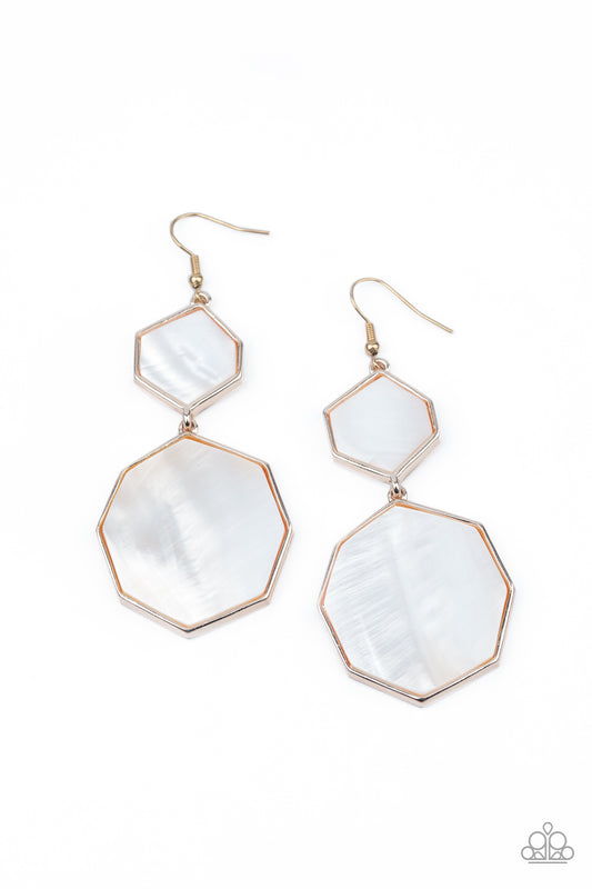 Paparazzi Accessories-Vacation Glow Rose Gold White Hexagon Earrings