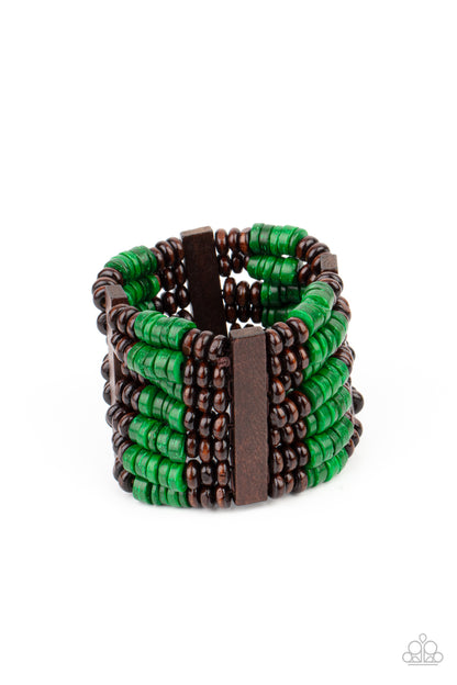 Paparazzi Accessories-Vacay Vogue Green Wooden Rectangular Disc Bracelet