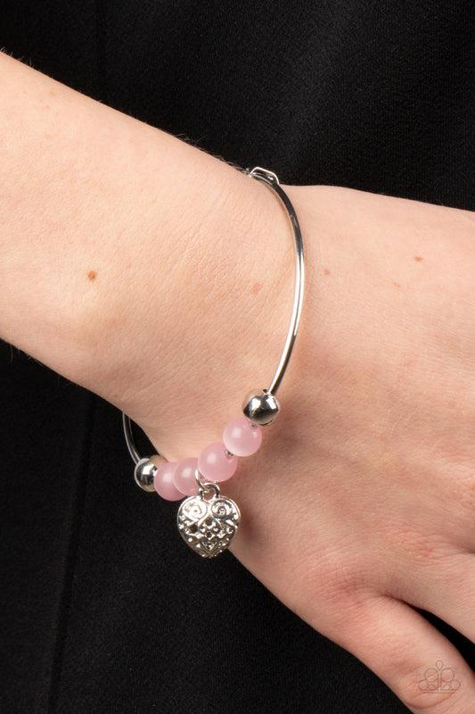 Paparazzi Accessories-Vintage Vows Pink Stone Silver Heart Charm Bracelet