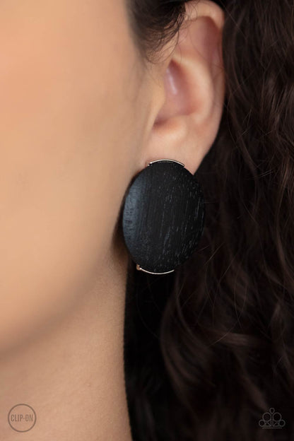 Paparazzi Accessories-WOODWORK It Black Oversized Wooden Disc Earrings