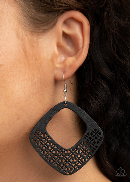 Paparazzi Accessories-WOOD You Rather Black Diamond Shaped Earrings