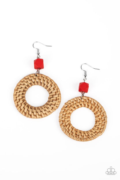 Paparazzi Accessories-Wildly Wicker Red Wooden Earthy Hoop Earrings