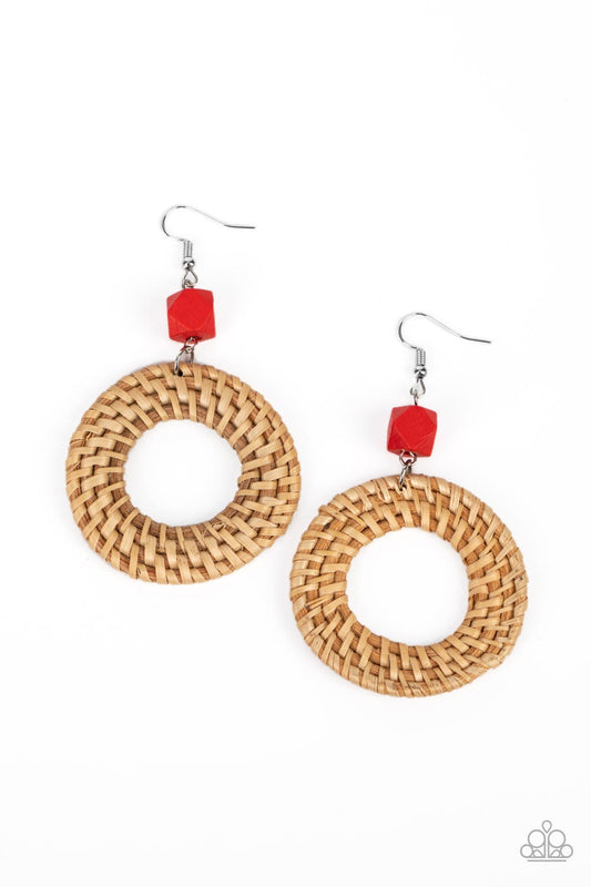 Paparazzi Accessories-Wildly Wicker Red Wooden Earthy Hoop Earrings