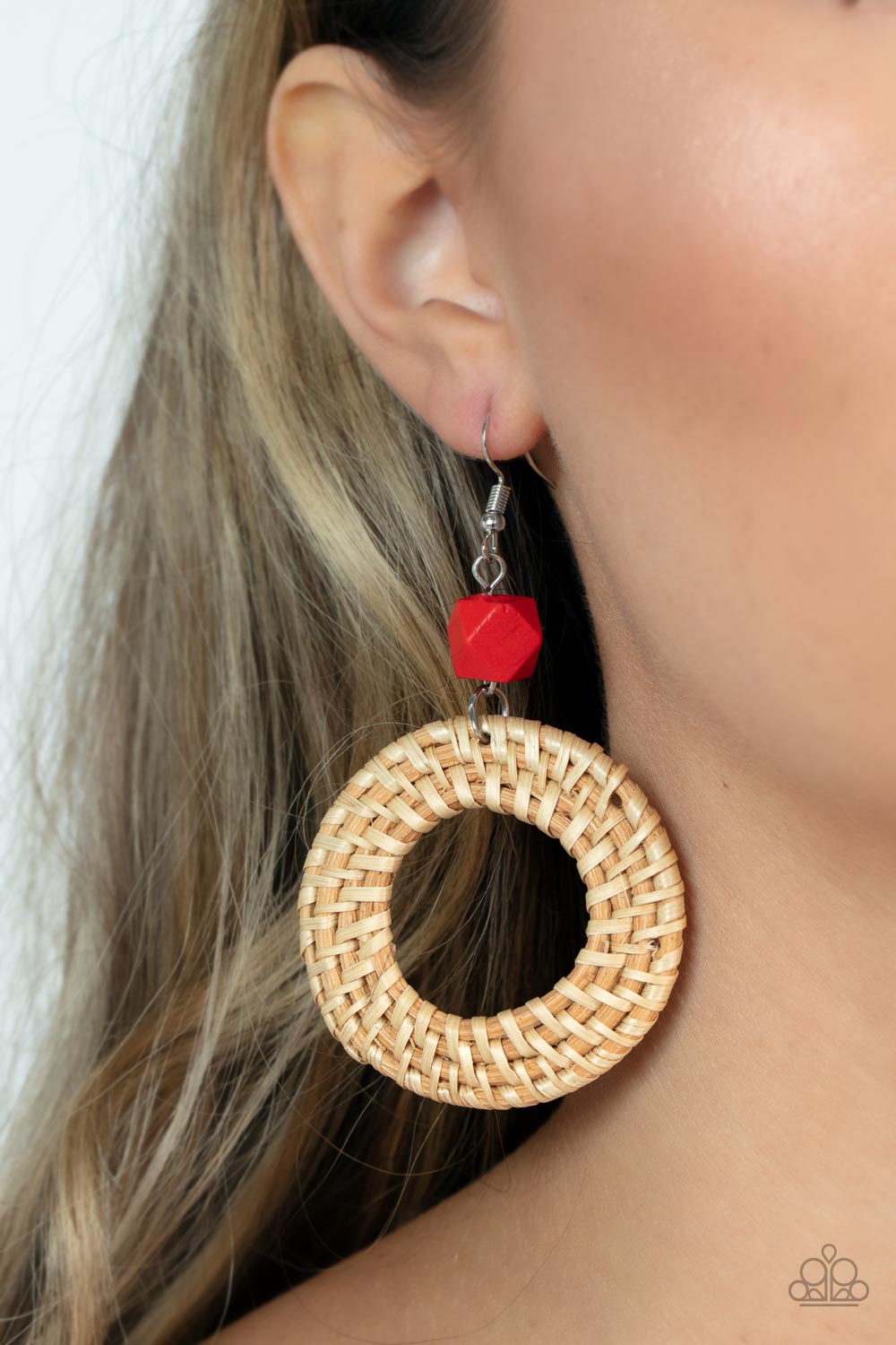 Paparazzi Accessories-Wildly Wicker Red Wooden Earthy Hoop Earrings