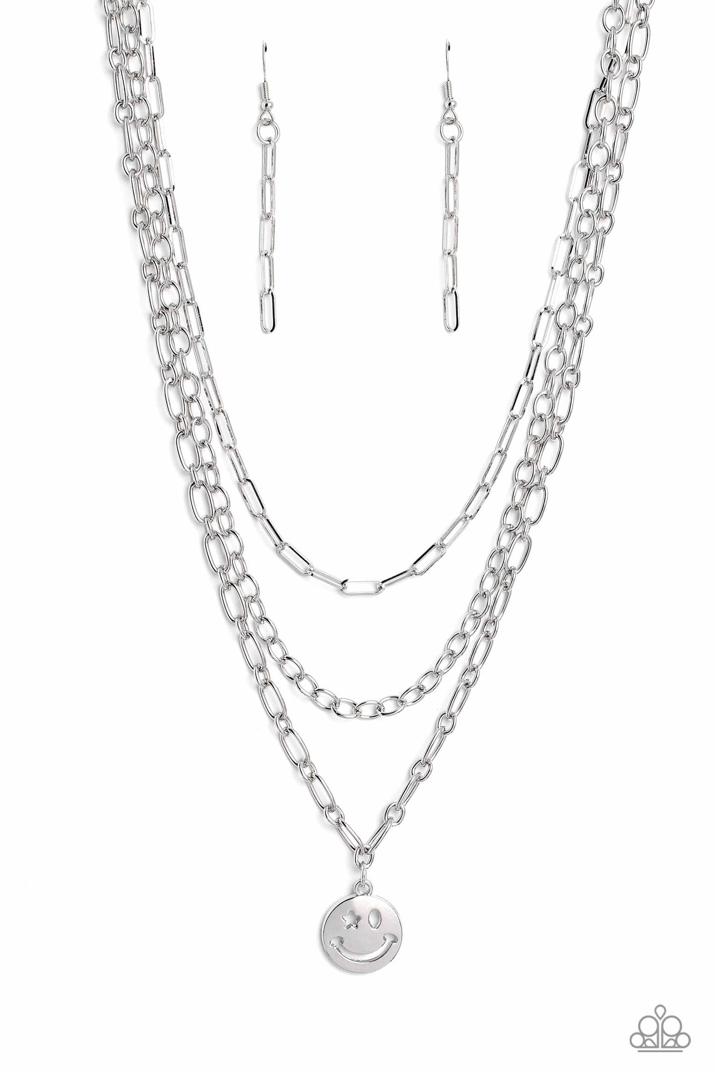 Paparazzi Accessories-Winking Wanderer Silver Paperclip Smiley Face Necklace Set