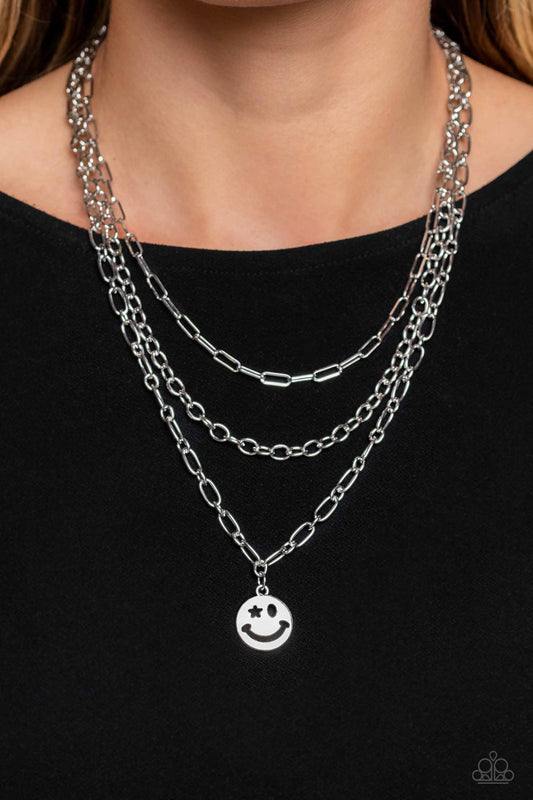 Paparazzi Accessories-Winking Wanderer Silver Paperclip Smiley Face Necklace Set