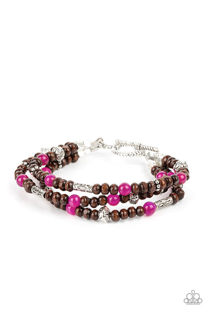 Paparazzi Accessories-Woodsy Walkabout Pink Stone Silver Bead Bracelet