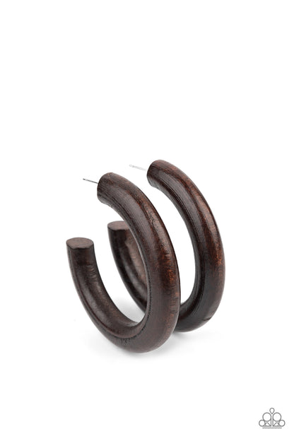 Paparazzi Accessories-Woodsy Wonder Brown Wood Hoops Earrings