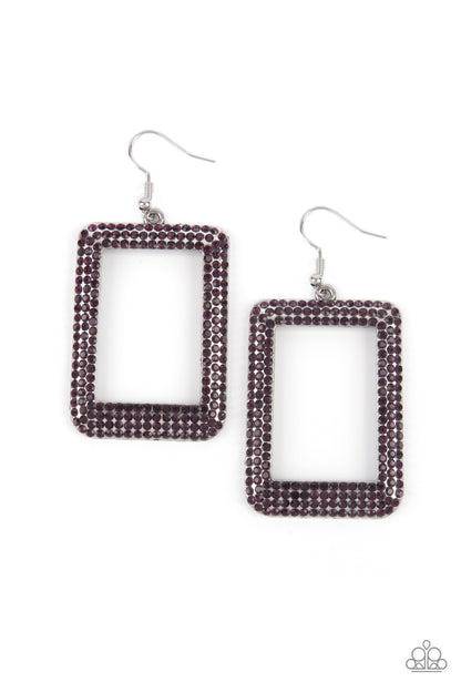 Paparazzi Accessories-World FRAMEous Purple Rectangular Rhinestone Earrings