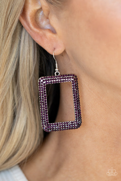 Paparazzi Accessories-World FRAMEous Purple Rectangular Rhinestone Earrings