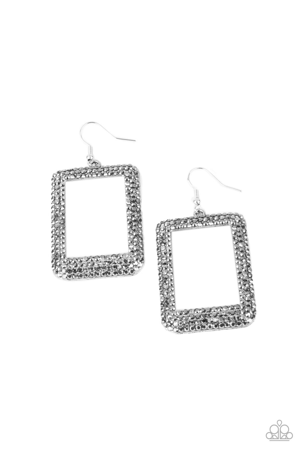 Paparazzi Accessories-World FRAME-ous Silver Rectangular Hematite Rhinestone Earrings