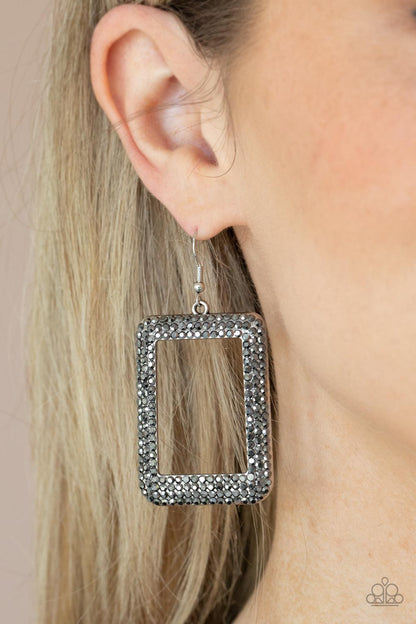 Paparazzi Accessories-World FRAME-ous Silver Rectangular Hematite Rhinestone Earrings