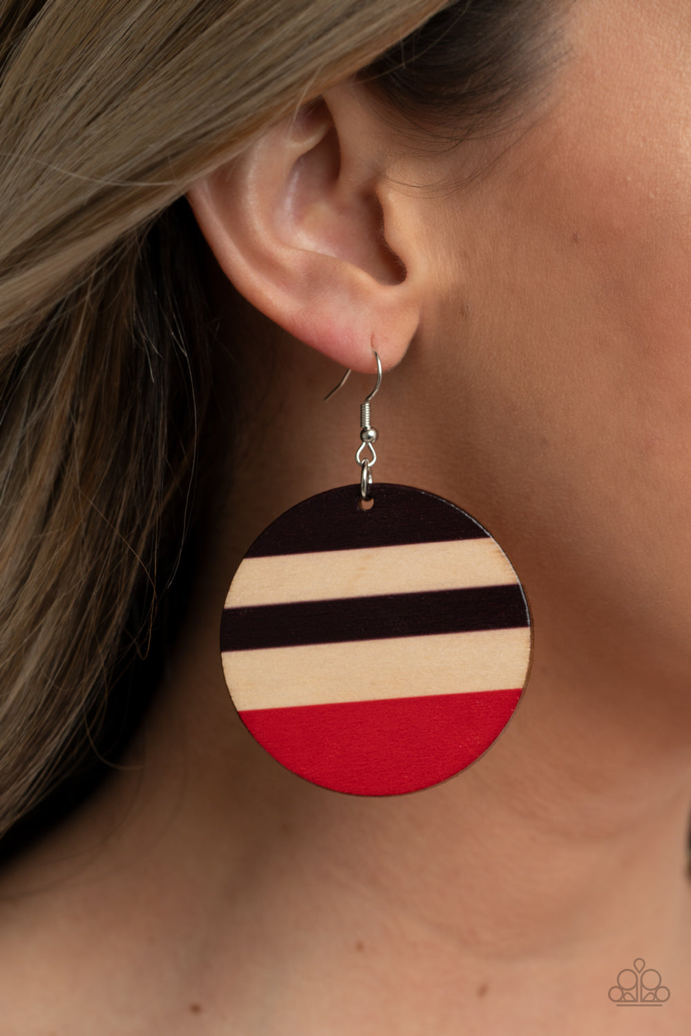 Paparazzi Accessories-Yacht Party Red Striped Wood Earrings