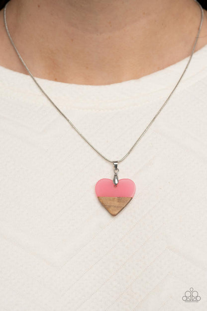 Paparazzi Accessories-You Complete Me Pink Wooden Heart Pendant Necklace Set