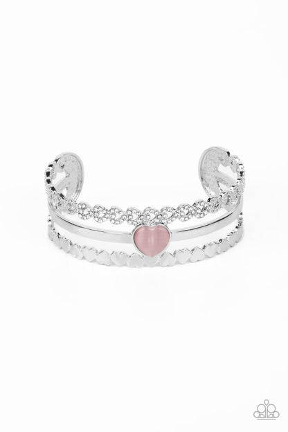 Paparazzi Accessories-You Win My Heart Pink Cat's Eye Silver Heart Bracelet