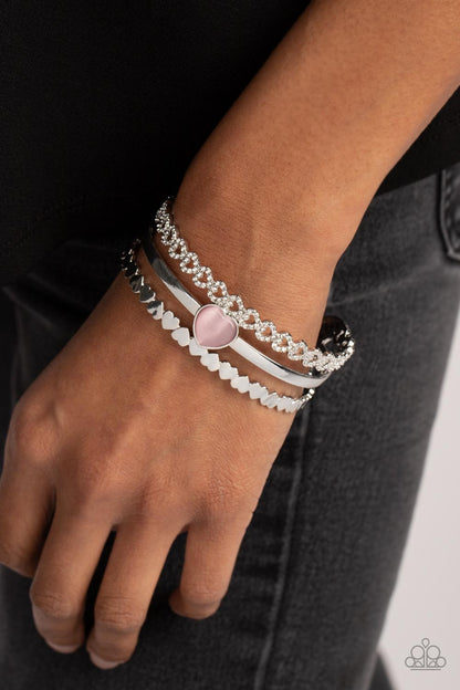 Paparazzi Accessories-You Win My Heart Pink Cat's Eye Silver Heart Bracelet