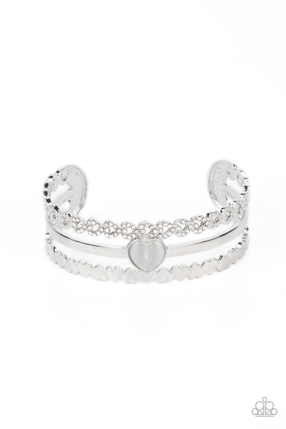 Paparazzi Accessories-You Win My Heart White Cat's Eye Heart Cuff Bracelet