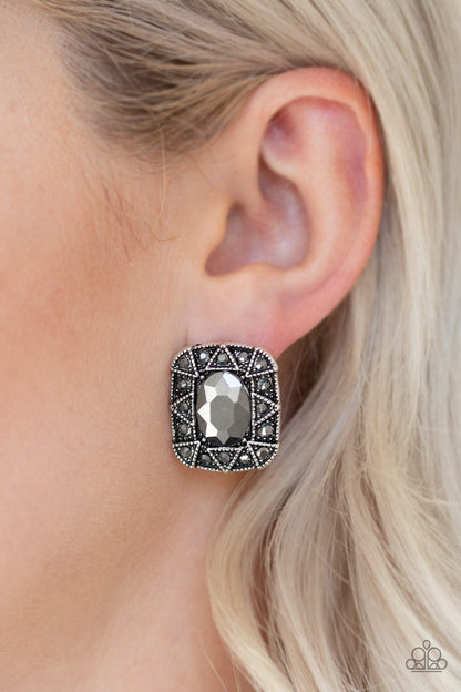 Paparazzi Accessories-Young Money Oval Hematite Rhinestone Earrings